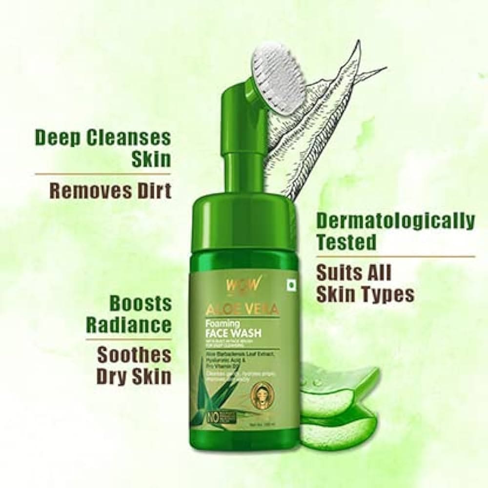 WOW Skin Science Foaming Aloe Vera Face Wash for Pimples, Oily Skin. No Parabens, Sulphate, Silicones & Color - 150mL