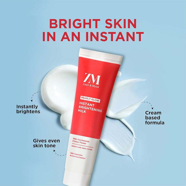 ZM Zayn & Myza Pearly Glow Insta Brightening Milk Tube Cream | For Radiant & Glowing Skin | For Instant Brightening | Reduces Dark Spots | 25 Ml