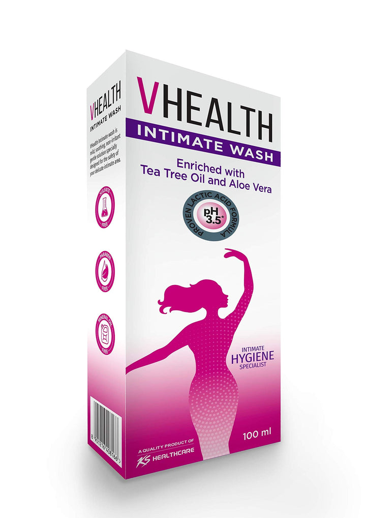 VHealth Intimate Hygiene Liquid Wash with Tea Tree Oil & Aloe Vera, Prevents Dryness, Itchiness & Irritation, Bad Odour, Balances PH, Paraben/Sulfate Free, Clear, 100 ml
