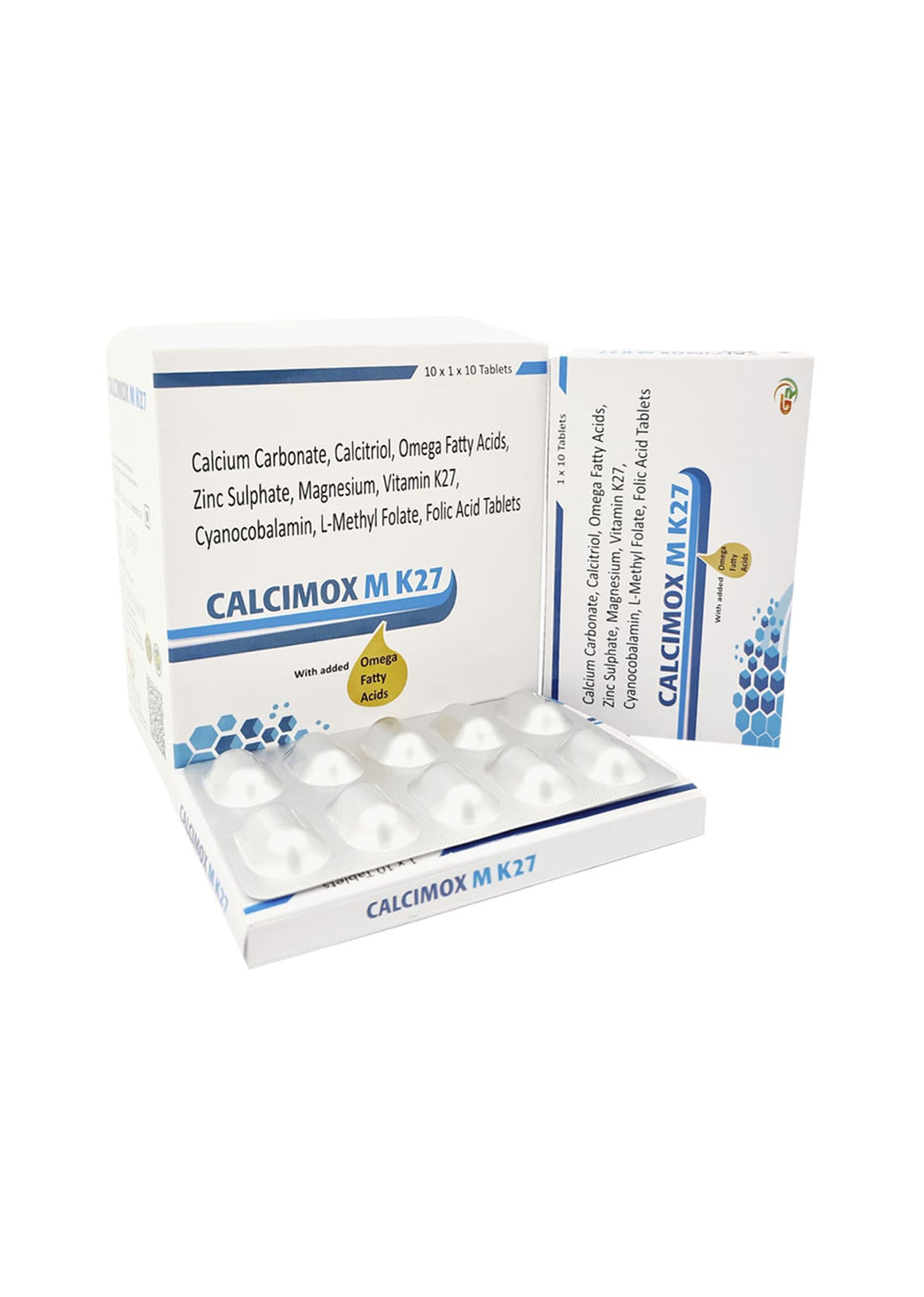 Calcium Carbonate 500mg + Calcitriol 0.25mcg + Omega acid 40mg + Zinc Sulphate 7.5mg + Magnesium 1.5mg + Vitamin K27 + Cyanocobalamin 1mcg + L-Methyl folate 0.50 mcg + Folic Acid 2.5mg
