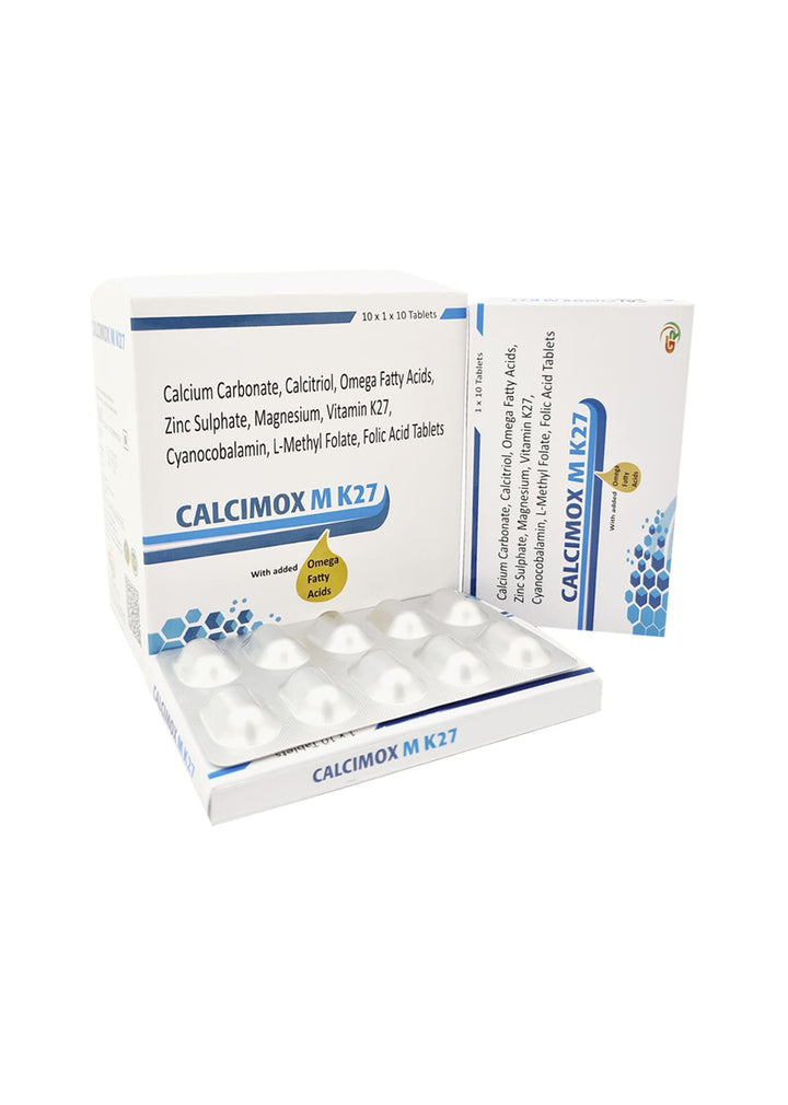 Calcium Carbonate 500mg + Calcitriol 0.25mcg + Omega acid 40mg + Zinc Sulphate 7.5mg + Magnesium 1.5mg + Vitamin K27 + Cyanocobalamin 1mcg + L-Methyl folate 0.50 mcg + Folic Acid 2.5mg