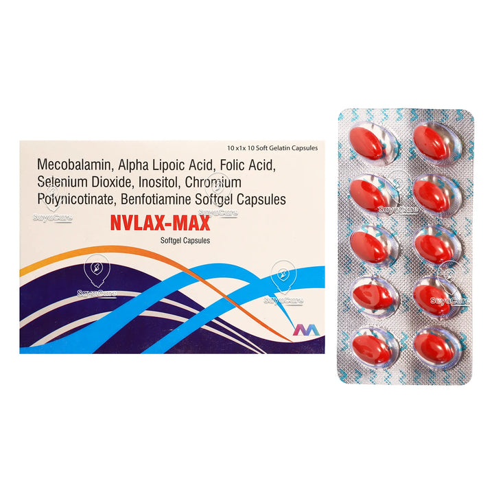 Mecobalamin 1500 mcg, Alpha Lipoic Acid 100mg, Inositol 100mg, Folic Acid 1.5mg, Chromium Picolinate 200mcg, Selenium Dioxide 55mcg and Benfotiamine 150 mg Soft gel Capsule