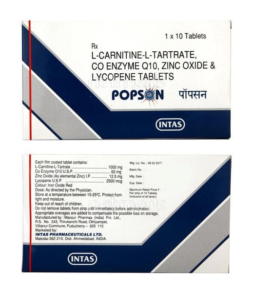 L-Carnitine-L-Tartrate 1000Mg, Co-Enzyme Q10 60Mg, Zinc Oxide (As Elemental Zinc) 12.5Mg, Lycopene 2500Mcg Tablets