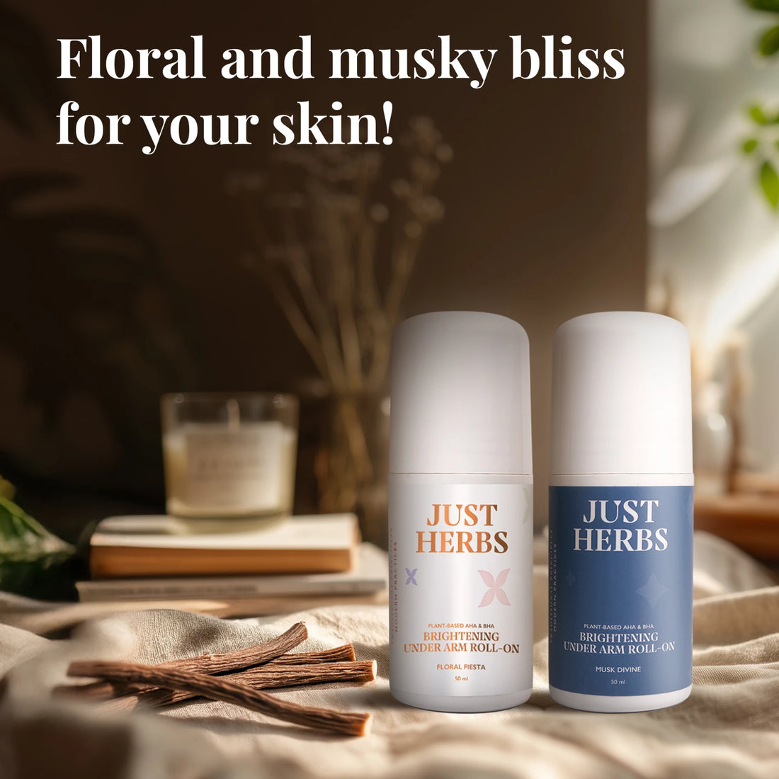 Just Herbs Under Arm Roll On for Women Floral Fiesta | AHA BHA Brightening Deodorant Roll-On | Long Lasting Odour Protection | 50ml