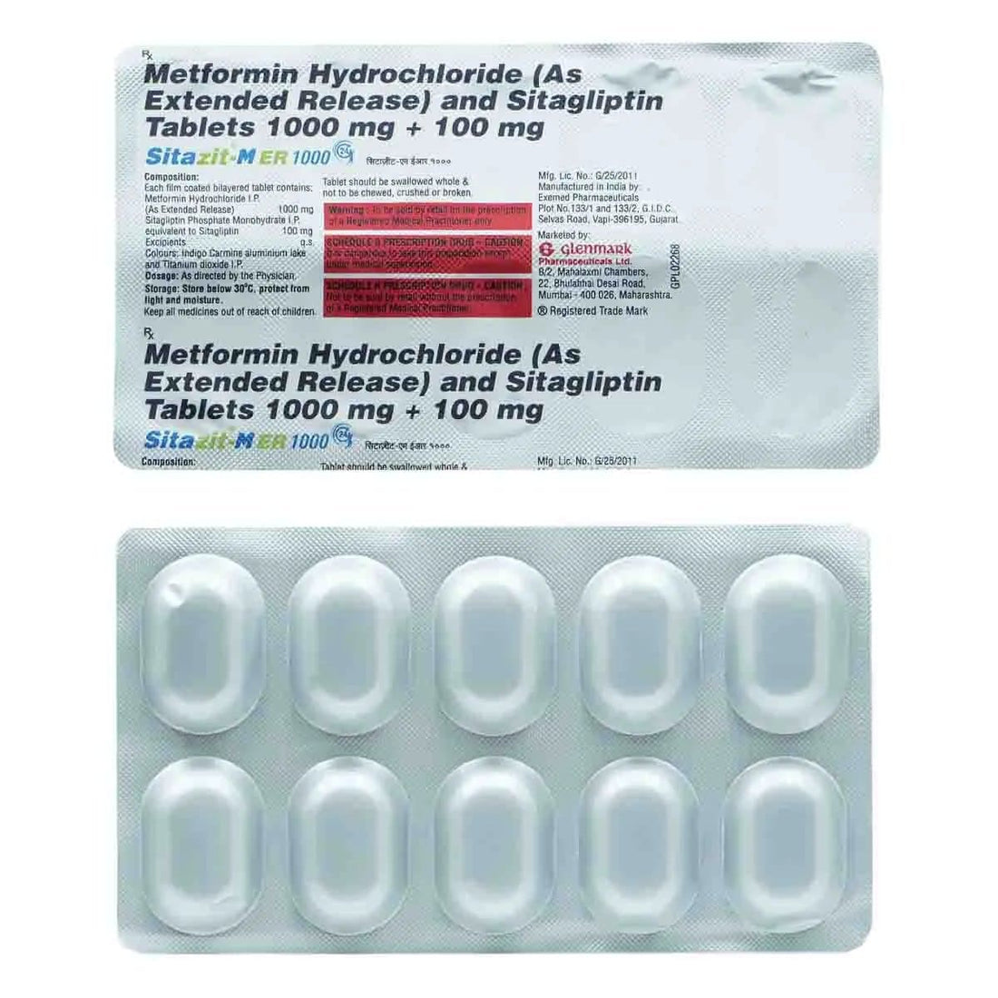 Sitagliptin 100mg and Metformin 1000mg Extended Release Tablets
