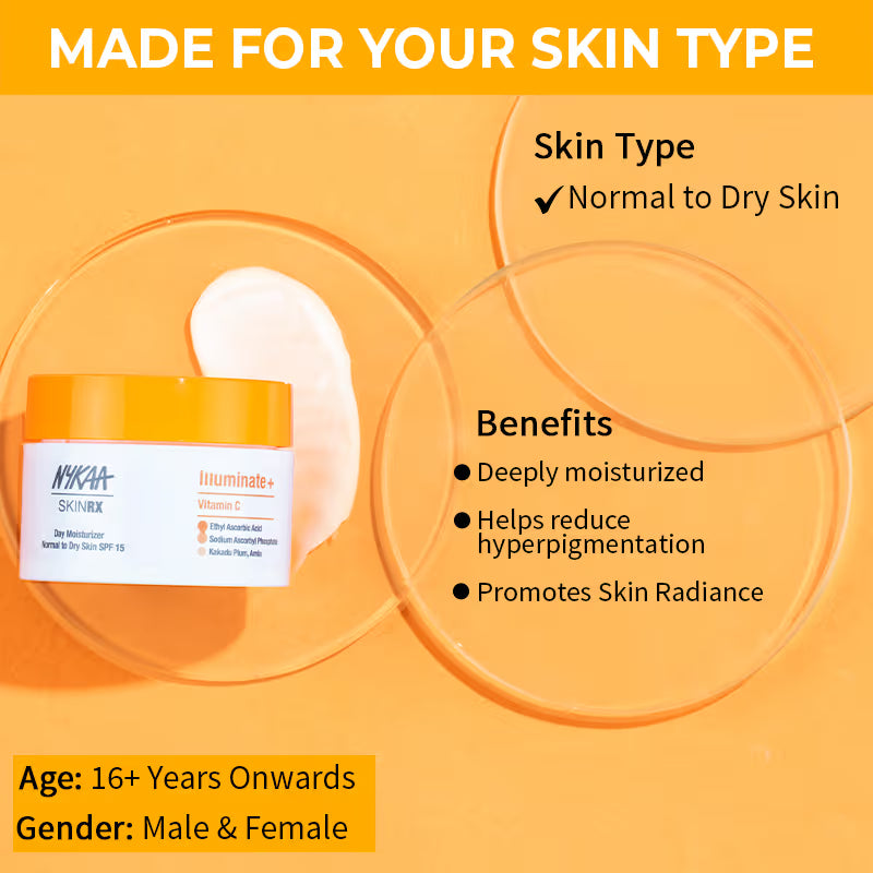 Nykaa SkinRX Illuminate+ Vitamin C Day Moisturizer SPF 15 for Radiant, Hydrated Normal to Dry Skin (50 gm)