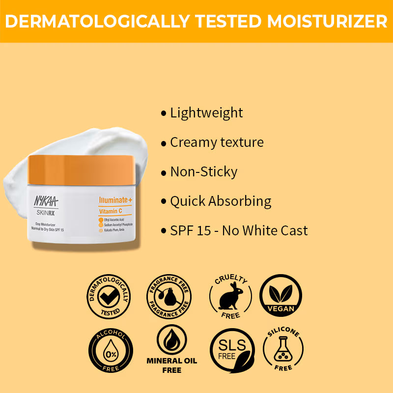Nykaa SkinRX Illuminate+ Vitamin C Day Moisturizer SPF 15 for Radiant, Hydrated Normal to Dry Skin (50 gm)