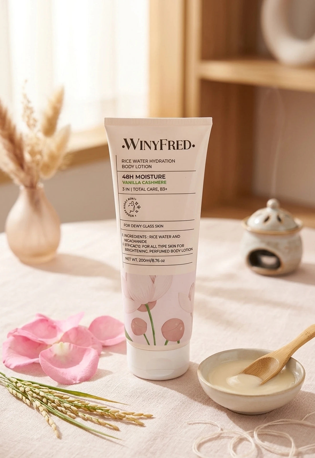 WINYFRED Vanilla Cashmere Body Lotion | Korean Formulation with Rice Water & Niacinamide | Deep Moisturizing Body Lotion for Soft, Smooth & Glowing Skin | Non-Greasy | 200ml