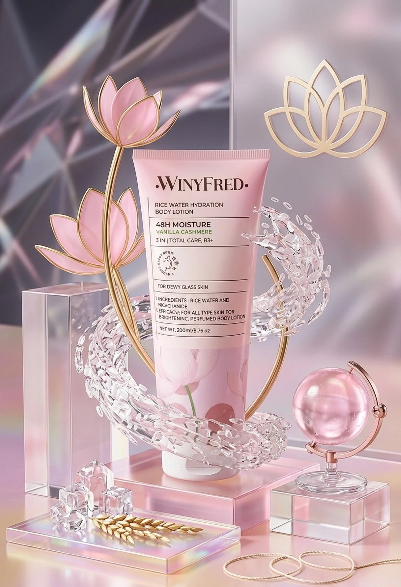 WINYFRED Vanilla Cashmere Body Lotion | Korean Formulation with Rice Water & Niacinamide | Deep Moisturizing Body Lotion for Soft, Smooth & Glowing Skin | Non-Greasy | 200ml