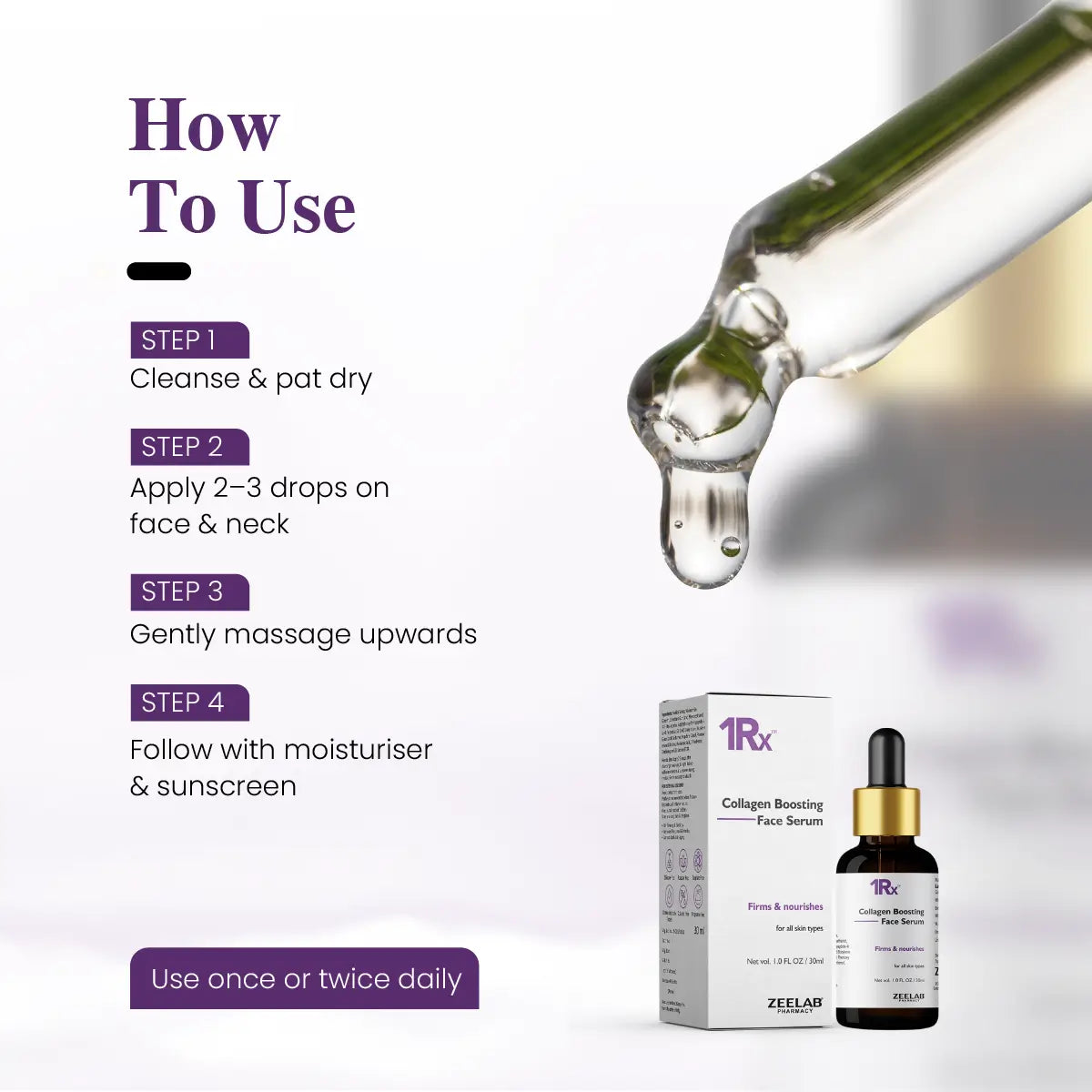 ZEELAB 1RX Collagen Boosting Face Serum | Niacinamide, Vitamin C, Hyaluronic Acid & Peptide Complex | Anti-Aging & Skin Firming | 30ml