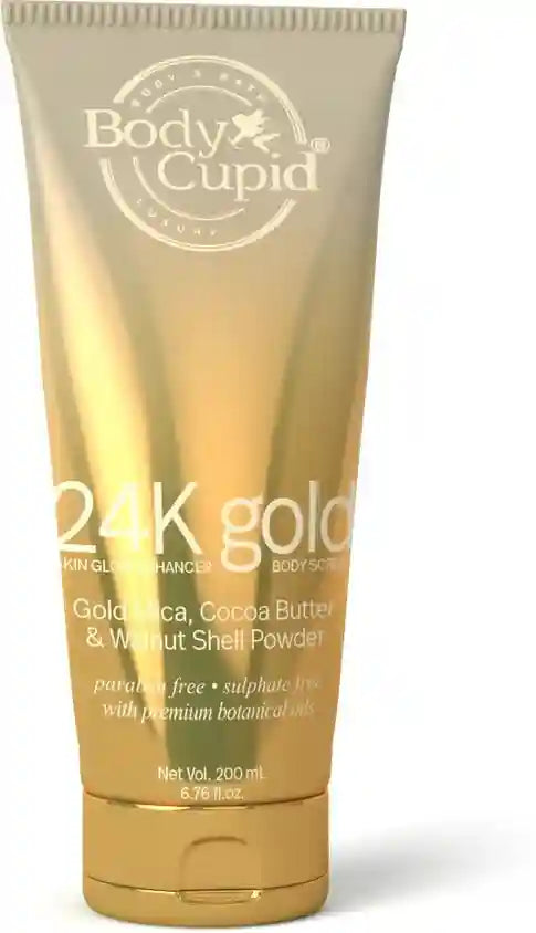 Body Cupid 24k Gold Face and Body Scrub - Skin Glow Enhancer with Gold Mica Powder, Cocoa Butter, Walnut Shell Powder, 200 ml