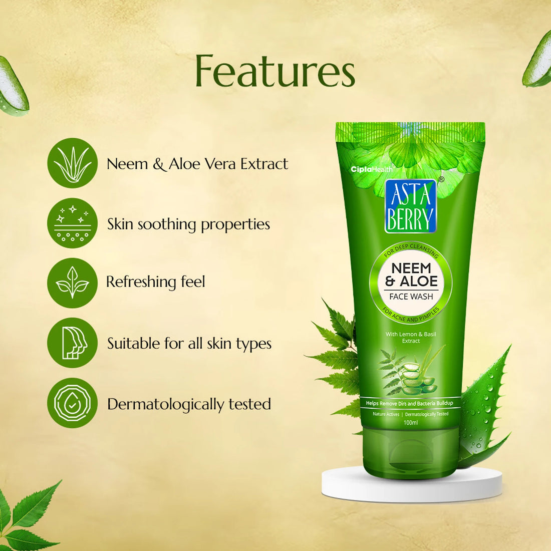 Astaberry Neem & Aloe Face Wash | Purifying Face Cleanser for Oily & Acne-Prone Skin | Deep Cleansing & Refreshing | 60ml
