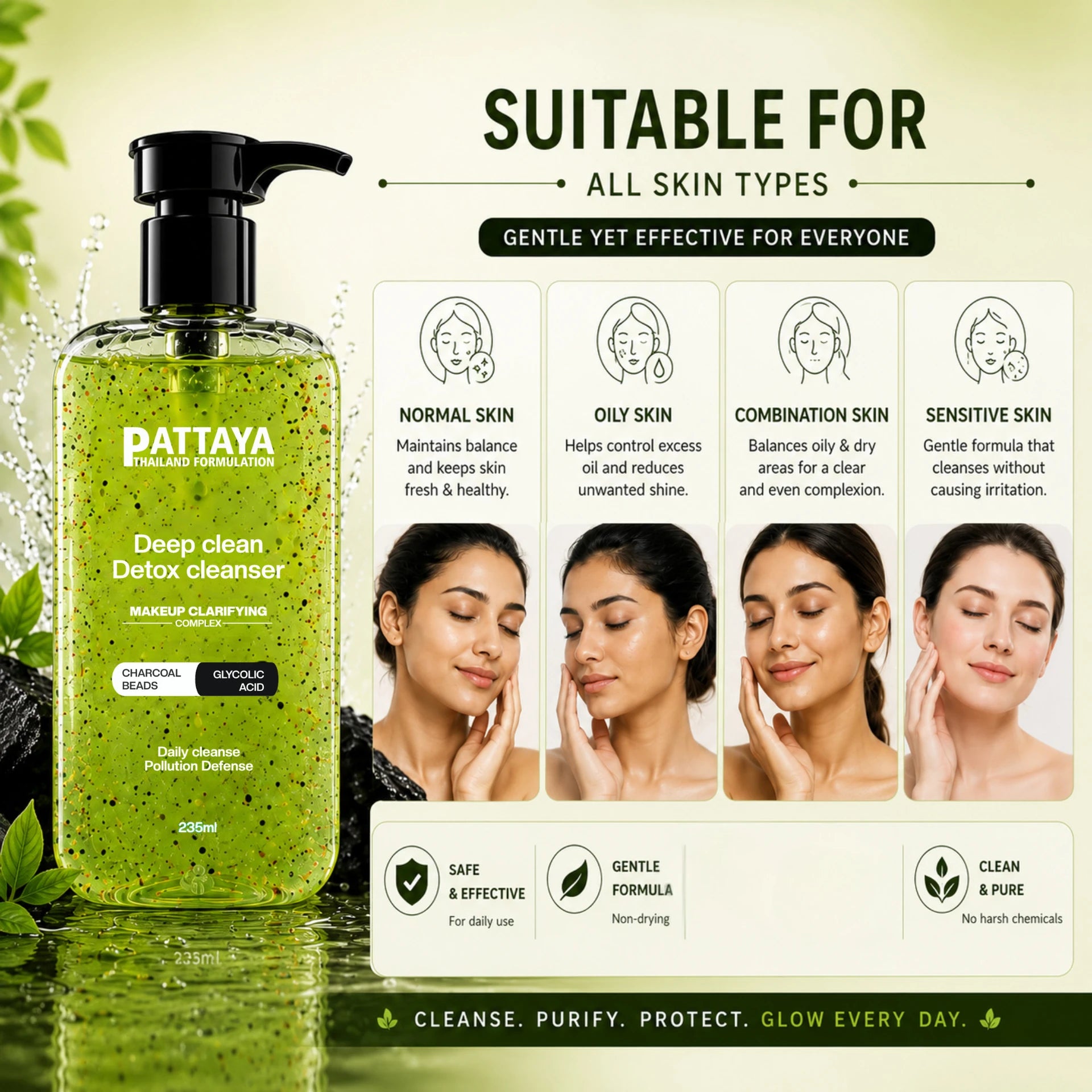 Pattaya Deep Clean Detox Cleanser | Glycolic Acid & Charcoal Beads Face Cleanser for Deep Cleansing | 235ml