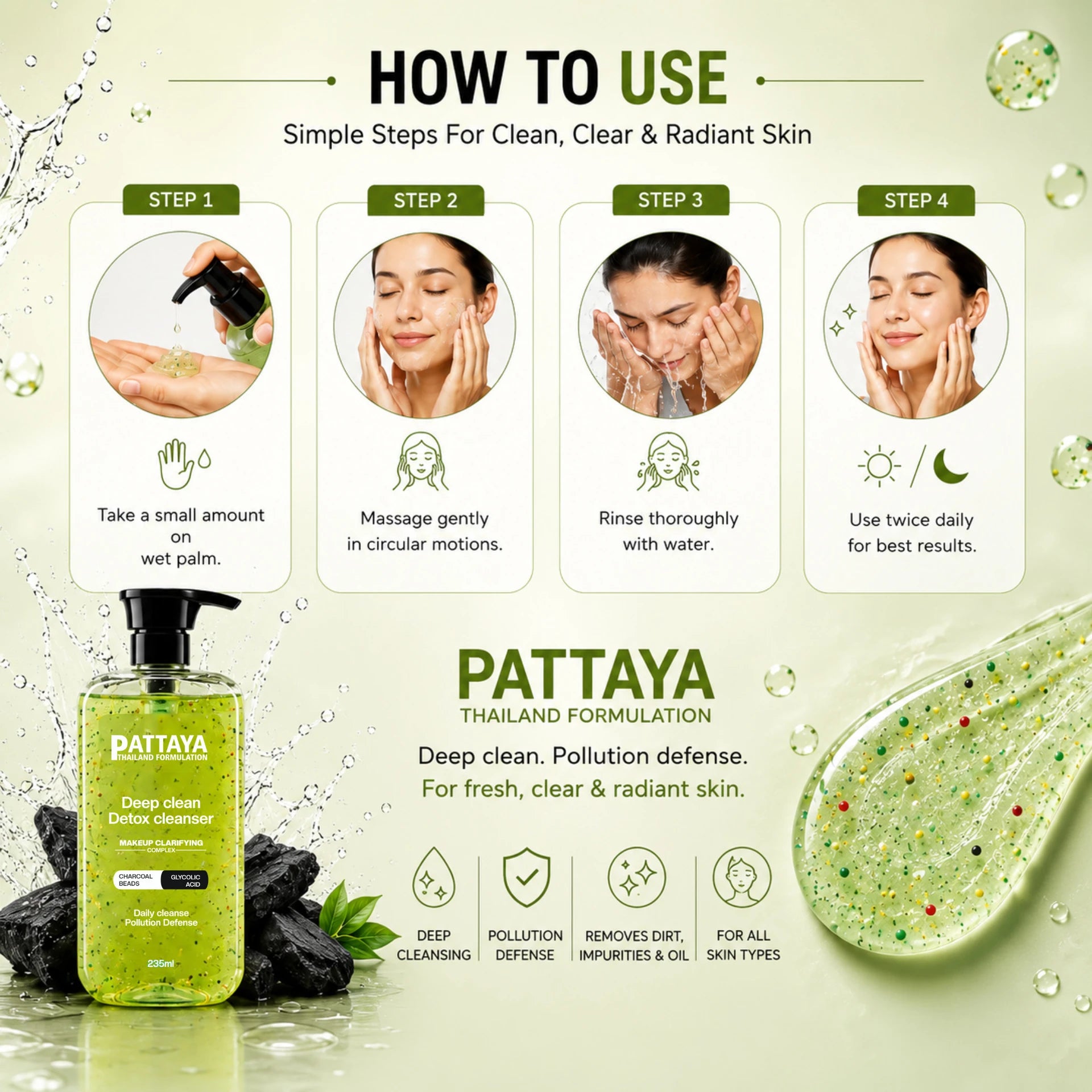 Pattaya Deep Clean Detox Cleanser | Glycolic Acid & Charcoal Beads Face Cleanser for Deep Cleansing | 235ml
