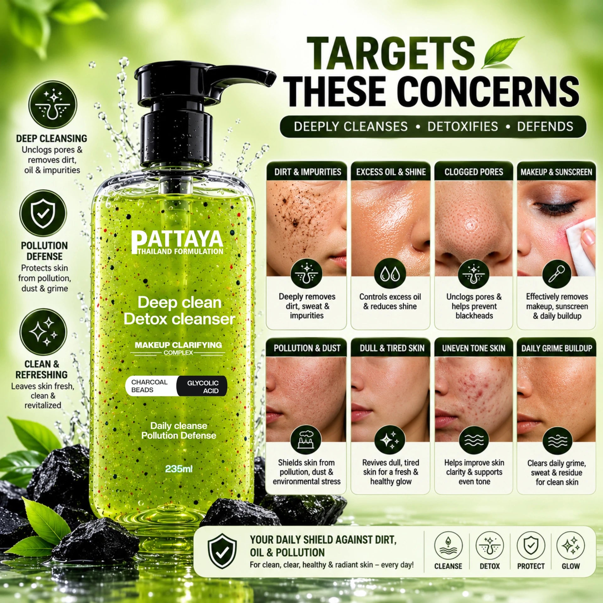 Pattaya Deep Clean Detox Cleanser | Glycolic Acid & Charcoal Beads Face Cleanser for Deep Cleansing | 235ml