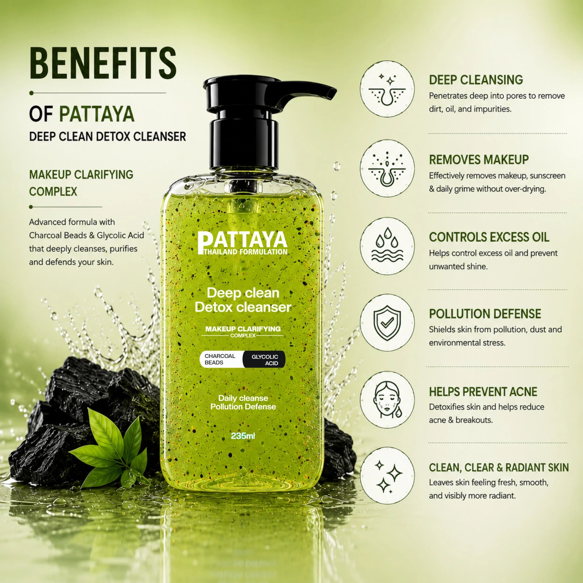 Pattaya Deep Clean Detox Cleanser | Glycolic Acid & Charcoal Beads Face Cleanser for Deep Cleansing | 235ml