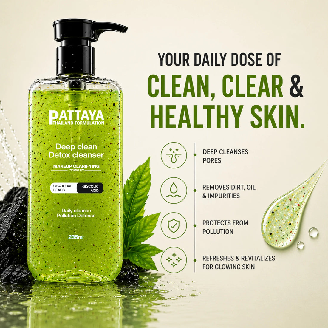Pattaya Deep Clean Detox Cleanser | Glycolic Acid & Charcoal Beads Face Cleanser for Deep Cleansing | 235ml