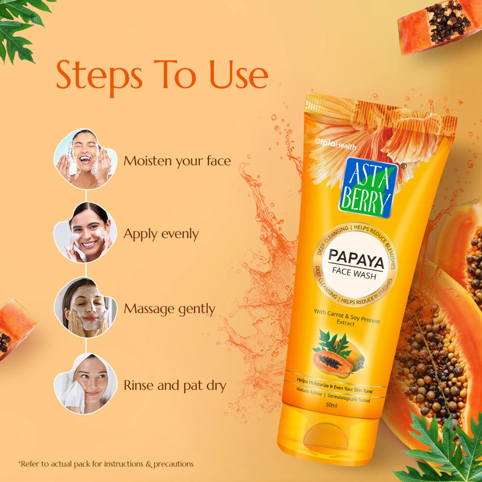 Astaberry Papaya Face Wash | Brightening & Deep Cleansing Face Cleanser for Glowing Skin | Removes Dirt & Excess Oil | 60ml