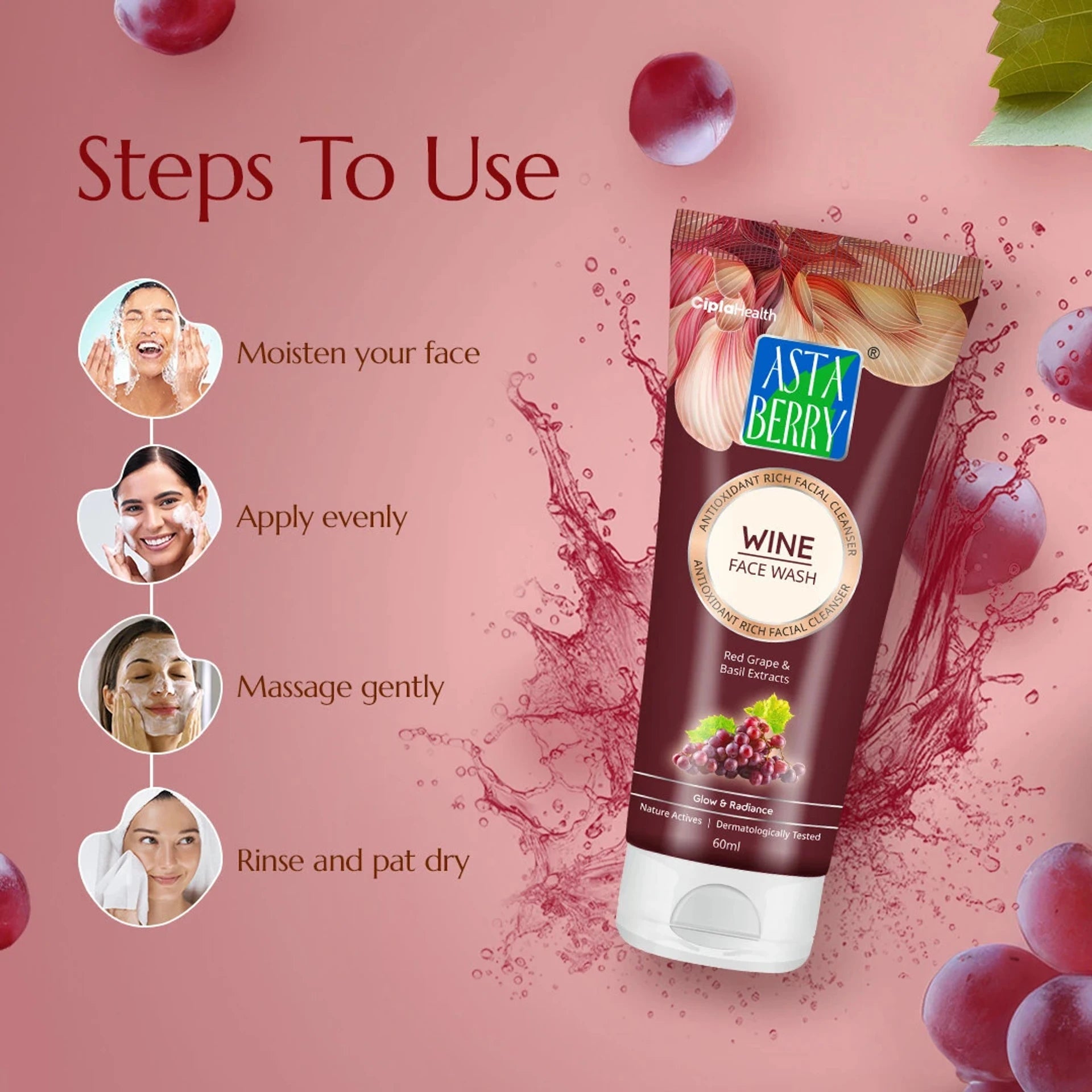 Astaberry Wine Face Wash for helps in cleansing and moisturization of the skin - providing glow and radiance | exerts a powerful antioxidant effect to help delay ageing