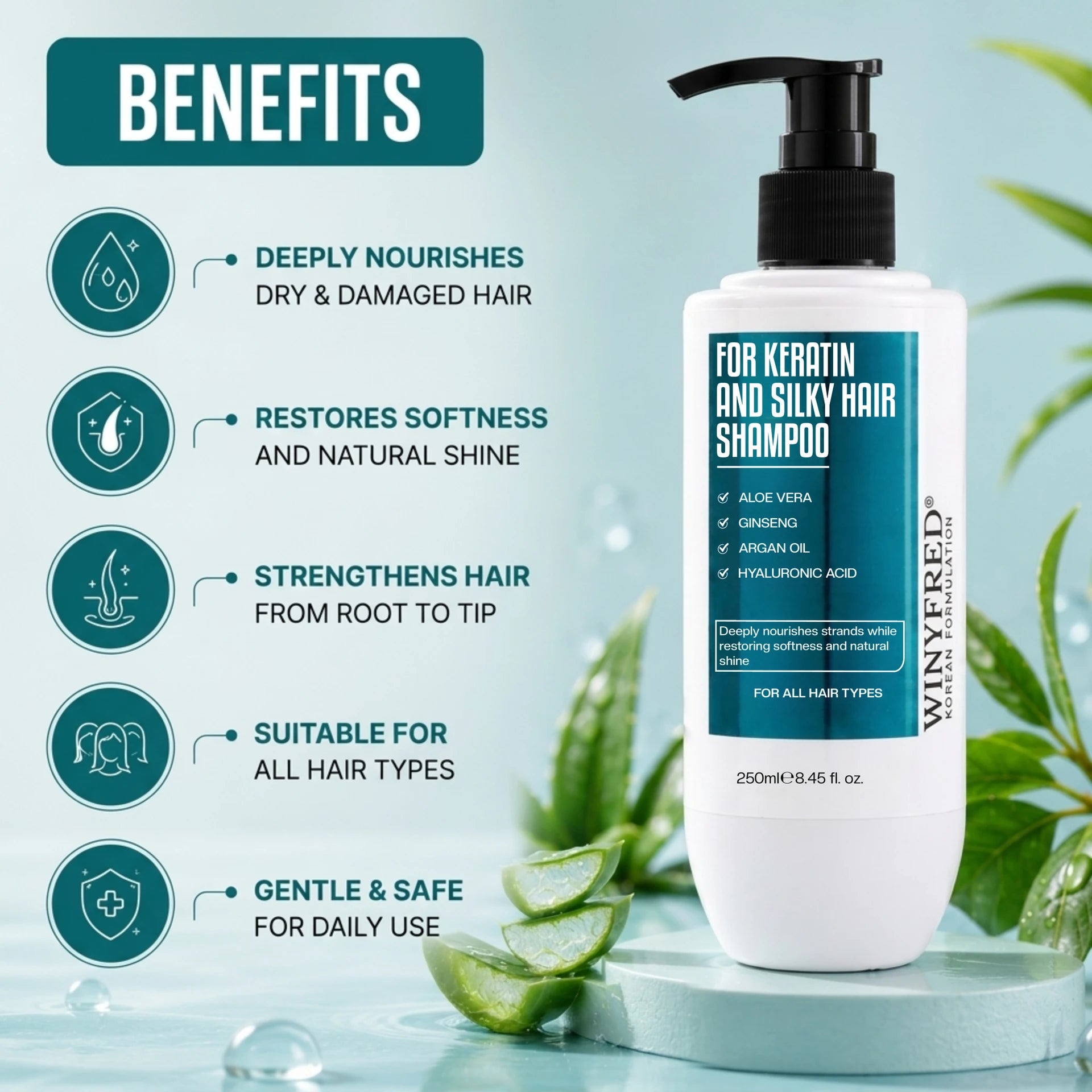 WINYFRED Korean Formulation Keratin & Silky Hair Shampoo | Keratin-Enriched Shampoo for Smooth, Soft & Frizz-Free Hair | Deep Nourishment & Shine | 250ml