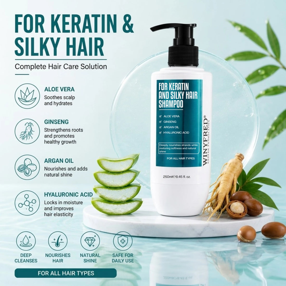 WINYFRED Korean Formulation Keratin & Silky Hair Shampoo | Keratin-Enriched Shampoo for Smooth, Soft & Frizz-Free Hair | Deep Nourishment & Shine | 250ml