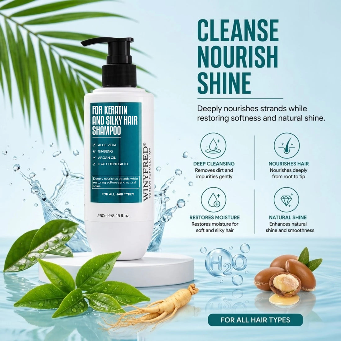 WINYFRED Korean Formulation Keratin & Silky Hair Shampoo | Keratin-Enriched Shampoo for Smooth, Soft & Frizz-Free Hair | Deep Nourishment & Shine | 250ml