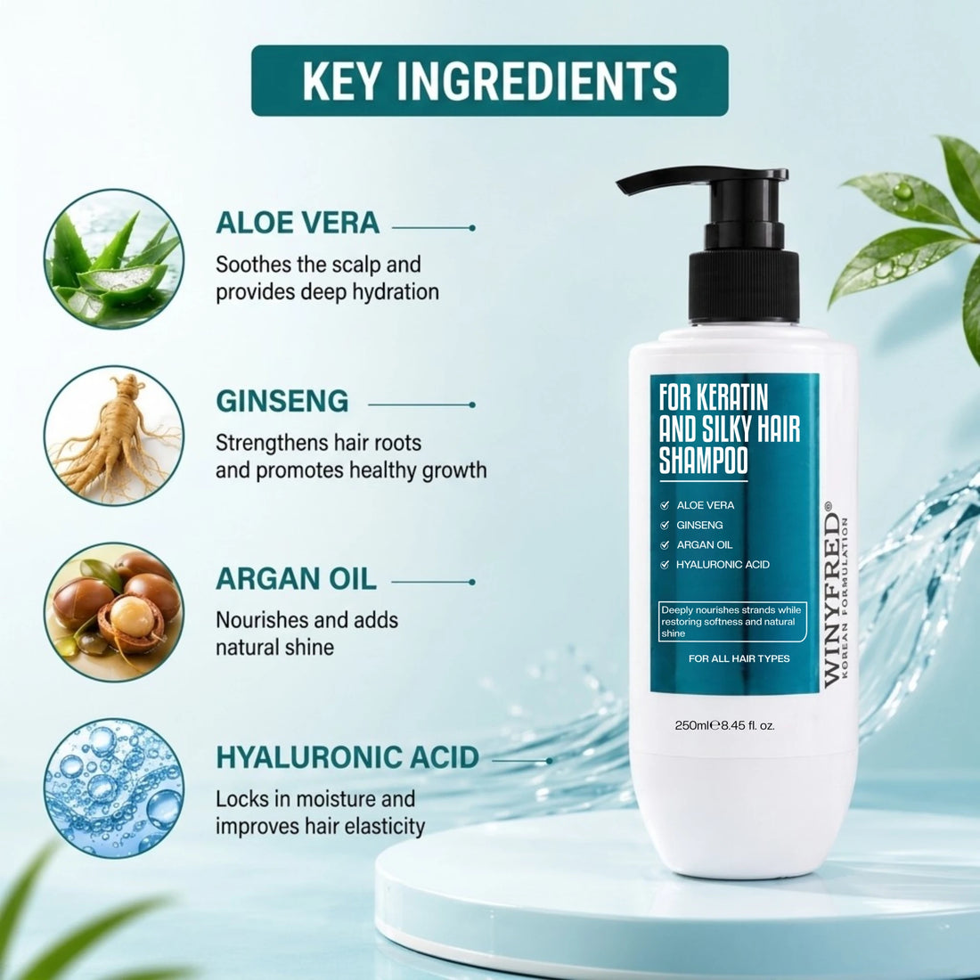 WINYFRED Korean Formulation Keratin & Silky Hair Shampoo | Keratin-Enriched Shampoo for Smooth, Soft & Frizz-Free Hair | Deep Nourishment & Shine | 250ml