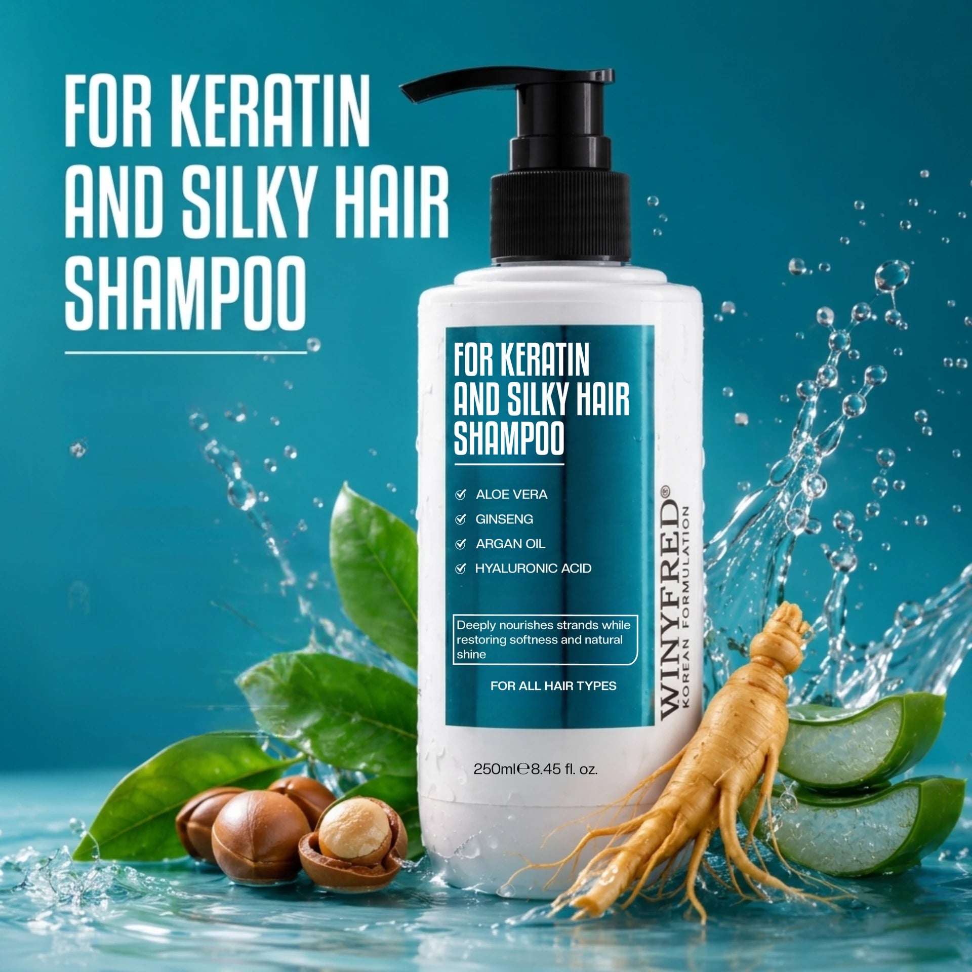 WINYFRED Korean Formulation Keratin & Silky Hair Shampoo | Keratin-Enriched Shampoo for Smooth, Soft & Frizz-Free Hair | Deep Nourishment & Shine | 250ml
