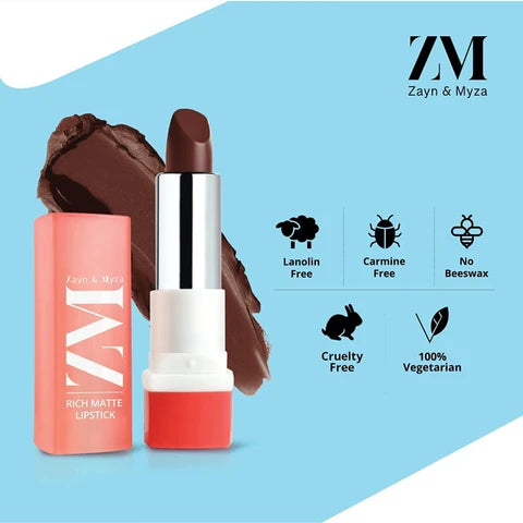 ZM Zayn & Myza Rich Matte Lipstick | Smooth and Light Weight | Intense Color in one Swipe | High Pigmentation Bullet Lip Stick Enriched with Argan oil, Murumuru and Shea Butter, (4.2 G)