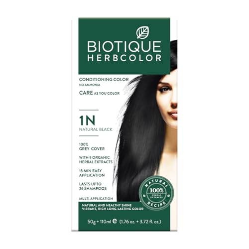 Biotique Herbcolor Conditioning Hair Colour l Ammonia Free Hair Color l 9 Organic Herbal Extracts l Natural and Healthy Shine l 50g + 110ml| Natural Black 1N