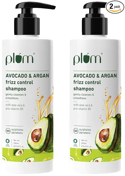 Plum Avocado & Argan Frizz Control Shampoo for curly, wavy, frizzy hair| With Argan Oil, Avocado Oil, Aloe Vera Extract | Reduces Frizz, Retains moisture, conditions strands (Pack of 2)