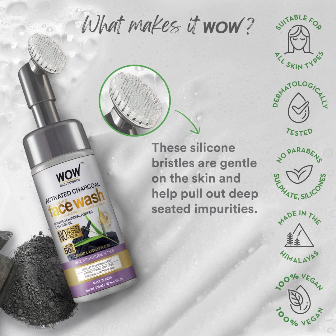 WOW Skin Science Charcoal Foaming Face Wash with Built-in Brush (150 ml)