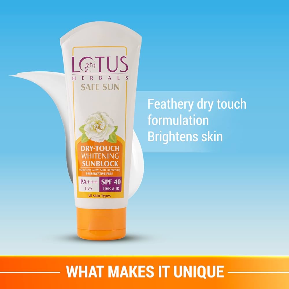 Lotus Herbals Safe Sun Dry-Touch Whitening Sunblock | Matte Texture | PA+++ | Preservative Free | 100g