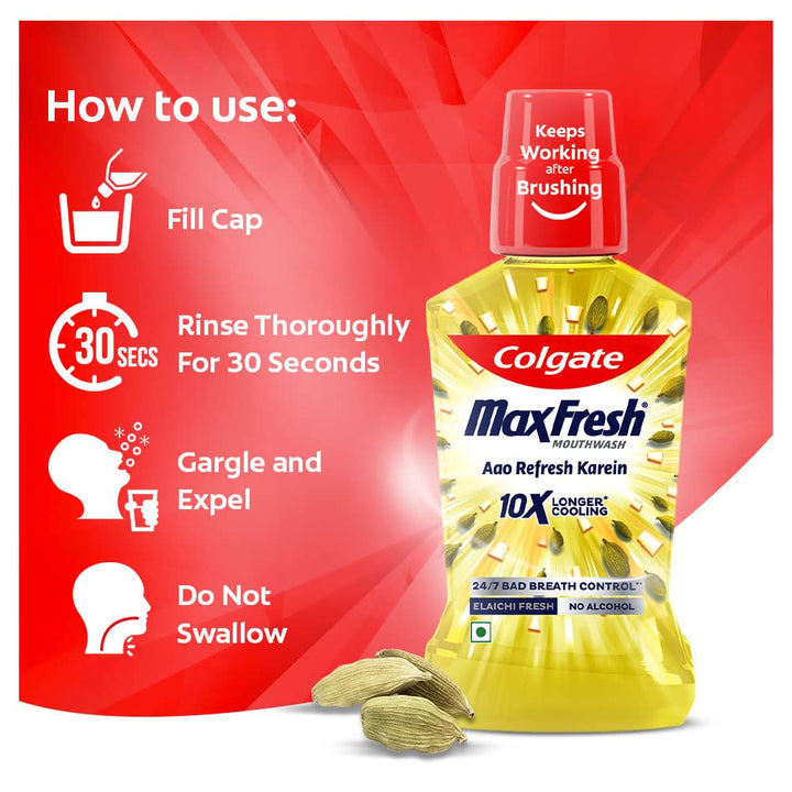 Colgate Maxfresh Mouthwash - 10X Longer Cooling, Removes Germs, No Bad Breath, Elaichi, 250 ml Bottle