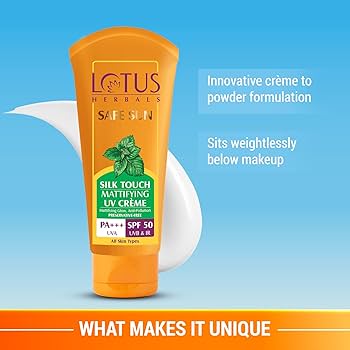 Lotus Herbals Safe Sun Silk Touch Mattifying UV All Skin Screen Creme SPF 50| Pa+++, 75 Gram