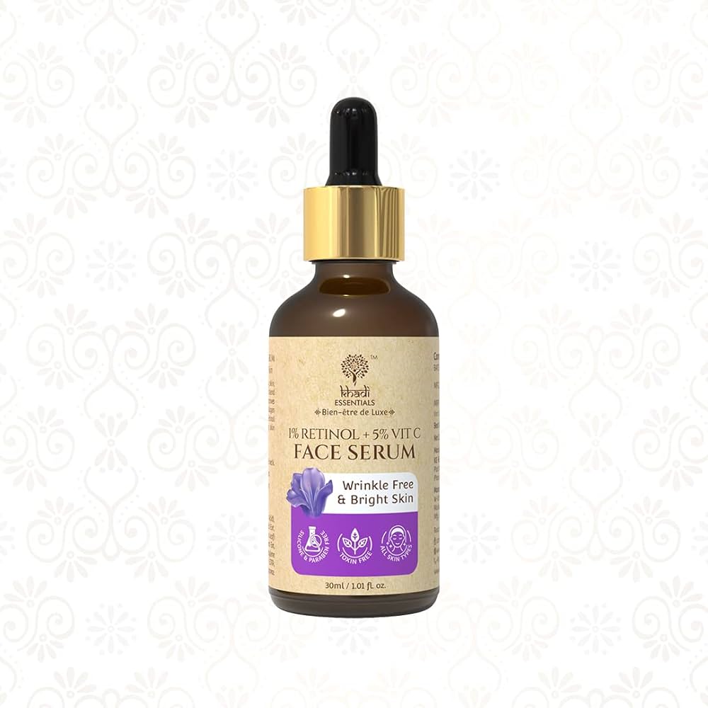 Khadi Essentials 1% Retinol & 5% Vitamin C Face Serum with Bakuchi Extracts for Bright Skin | Reduces Fine Lines, Wrinkles & Pigmentation | for All Skin Type - 30ml