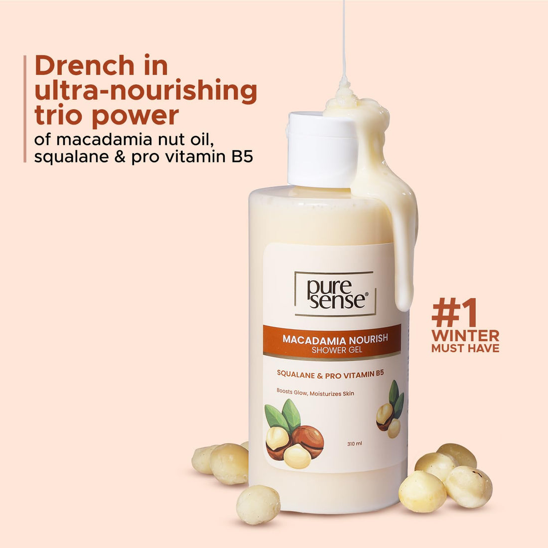 PureSense Macadamia Nourish Body Wash with Niacinamide | Pro Vitamin B5 & Fruit Extracts for Deep Hydration & Gentle Cleansing | 310ml