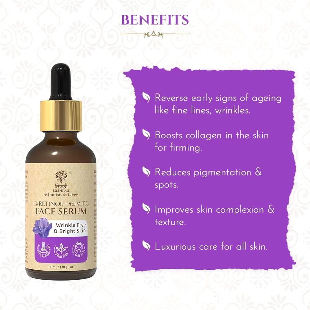 Khadi Essentials 1% Retinol & 5% Vitamin C Face Serum with Bakuchi Extracts for Bright Skin | Reduces Fine Lines, Wrinkles & Pigmentation | for All Skin Type - 30ml