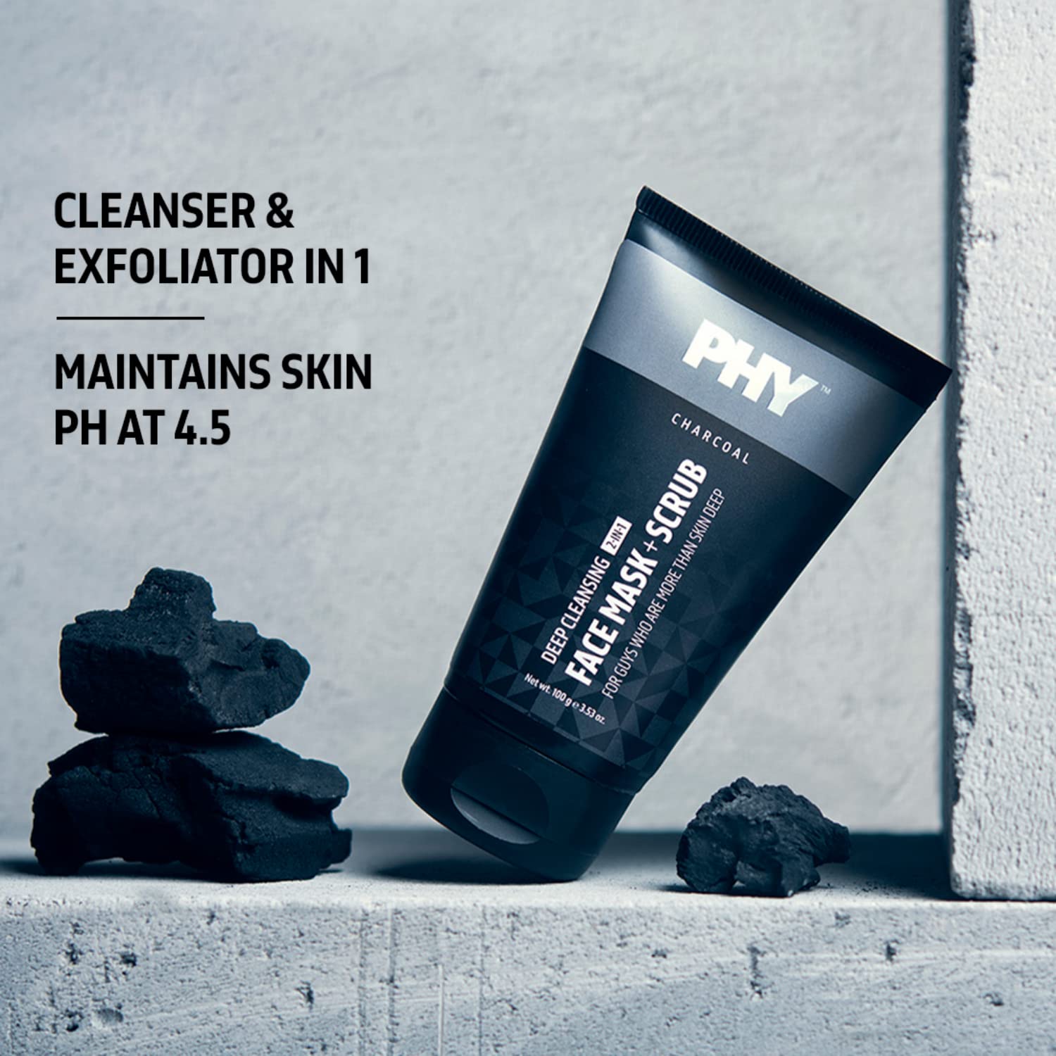 PHY 2-in-1 Charcoal Face Mask + Scrub | Exfoliates skin, unclogs pores, removes dirt & impurities | Skin detox to make it smooth | Great for Oily or Combi Skin, 100 gm
