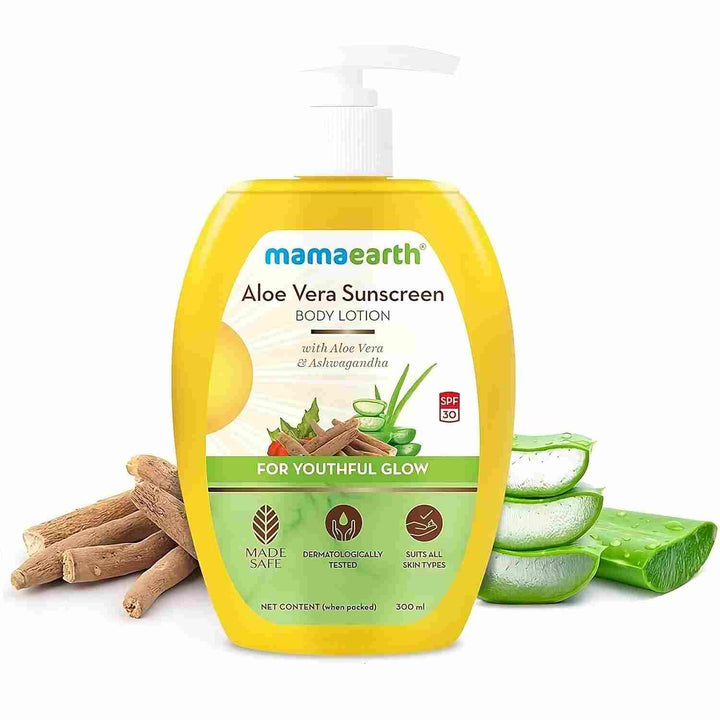 Mamaearth Aloe Vera Sunscreen For Normal Skin Type Body Lotion Spf 30 - With Aloe Vera & Ashwagandha For A Youthful Glow - 300 Ml