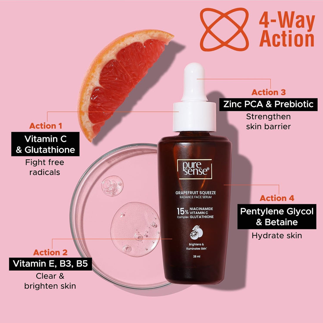 PureSense 15% Niacinamide, Vitamin C & Glutathione Radiant Face Serum with Grapefruit | 10ml