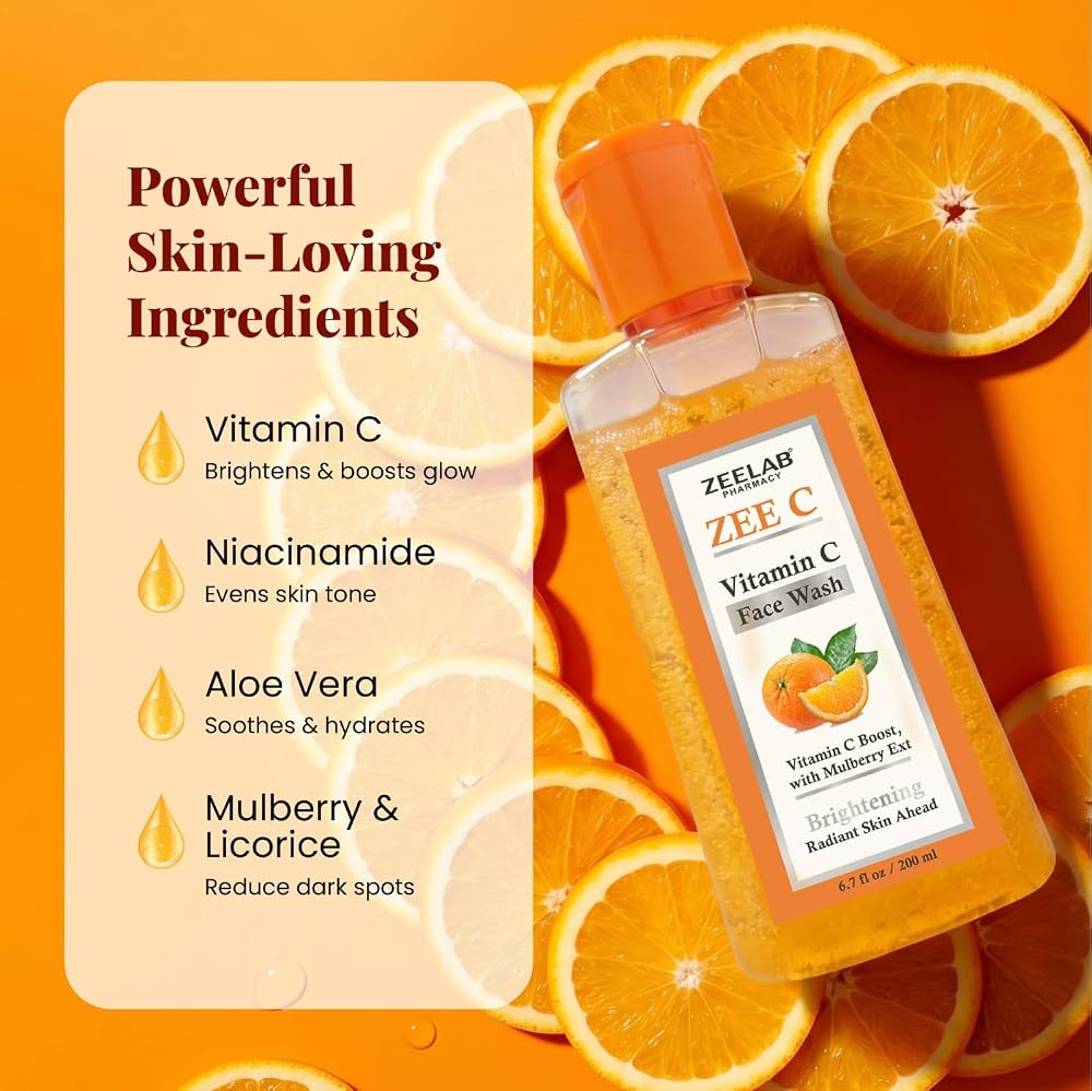 ZEELAB Zee C Vitamin C Face Wash 200ml | Brightening & Glow Face Cleanser | Daily Facial Cleanser