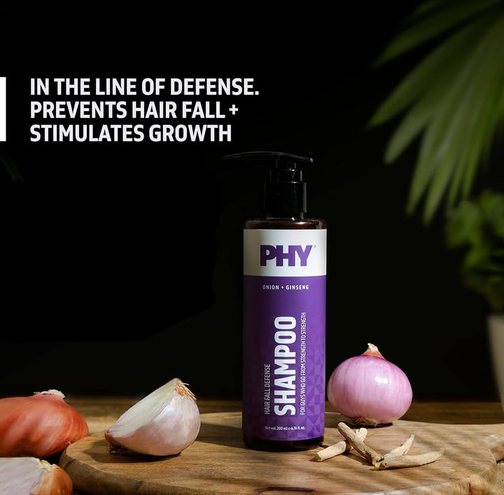 Phy Hair Fall Defense Shampoo with Onion + Ginseng | Reduces hair fall by strengthening roots & promotes hair growth | No Sulphates & Parabens | Great for all hair types, 200 ml