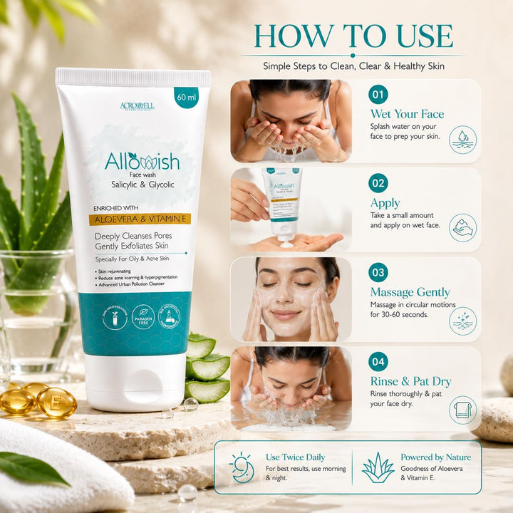 ALLOWISH Salicylic Acid Face Wash by Acrowell | Salicylic & Glycolic Acid Face Wash for Acne, Pimples & Oily Skin | 60ml