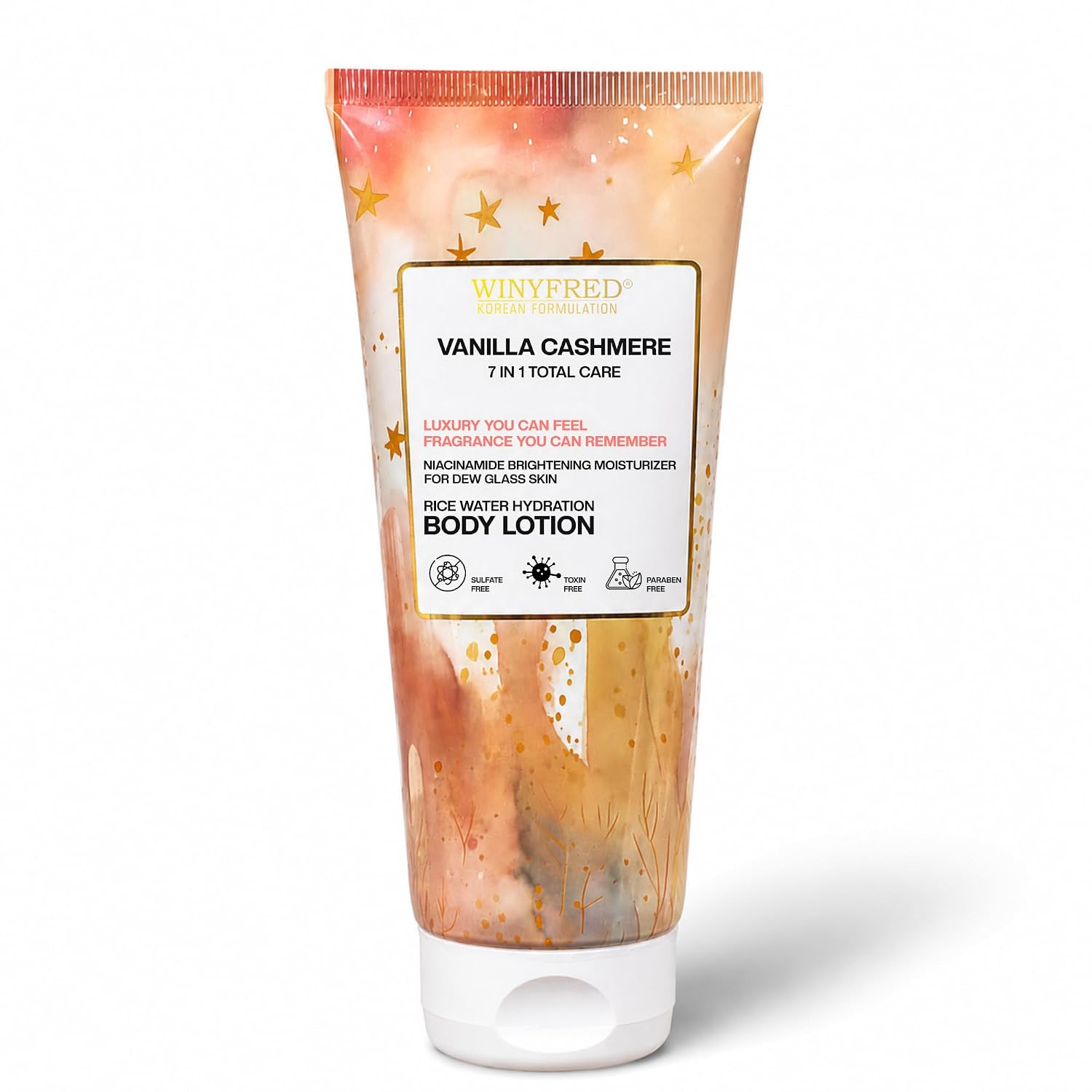 WINYFRED Vanilla Cashmere Body Lotion | Korean Formulation with Rice Water & Niacinamide | Deep Moisturizing Body Lotion for Soft, Smooth & Glowing Skin | Non-Greasy | 200ml