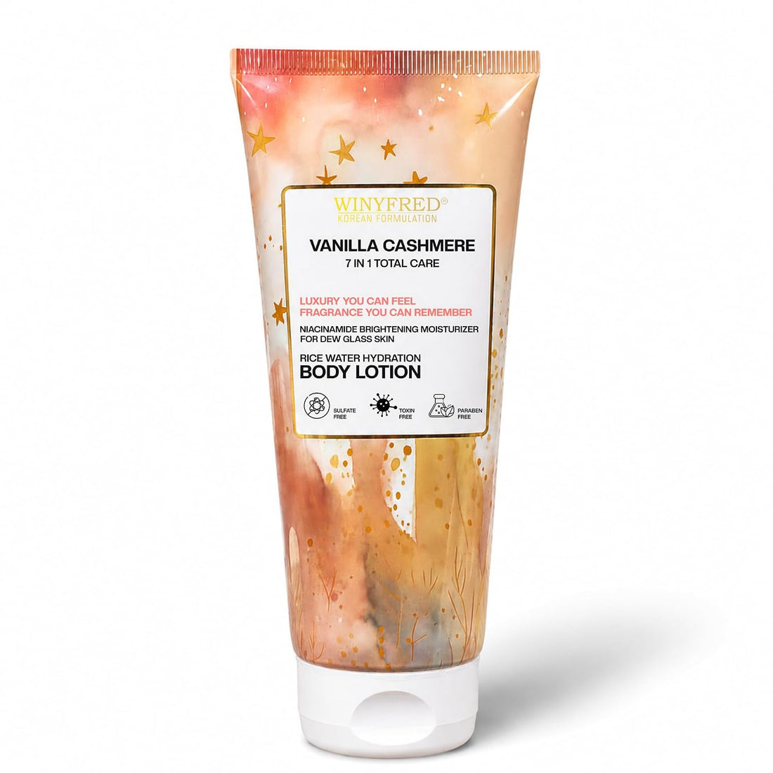 WINYFRED Vanilla Cashmere Body Lotion | Korean Formulation with Rice Water & Niacinamide | Deep Moisturizing Body Lotion for Soft, Smooth & Glowing Skin | Non-Greasy | 200ml