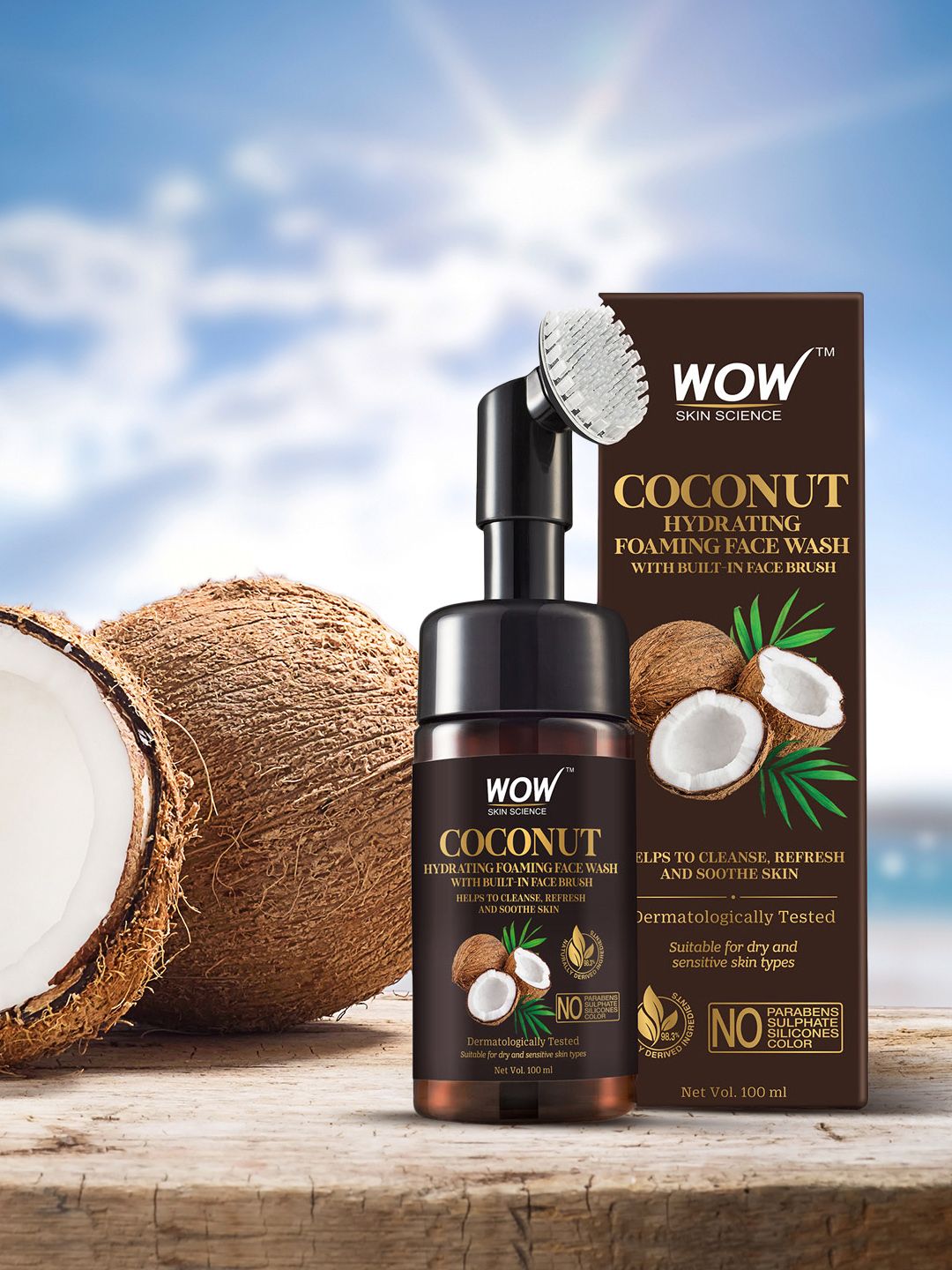 WOW Skin Science Coconut Hydrating Foaming Face Wash with Built-In Face Brush