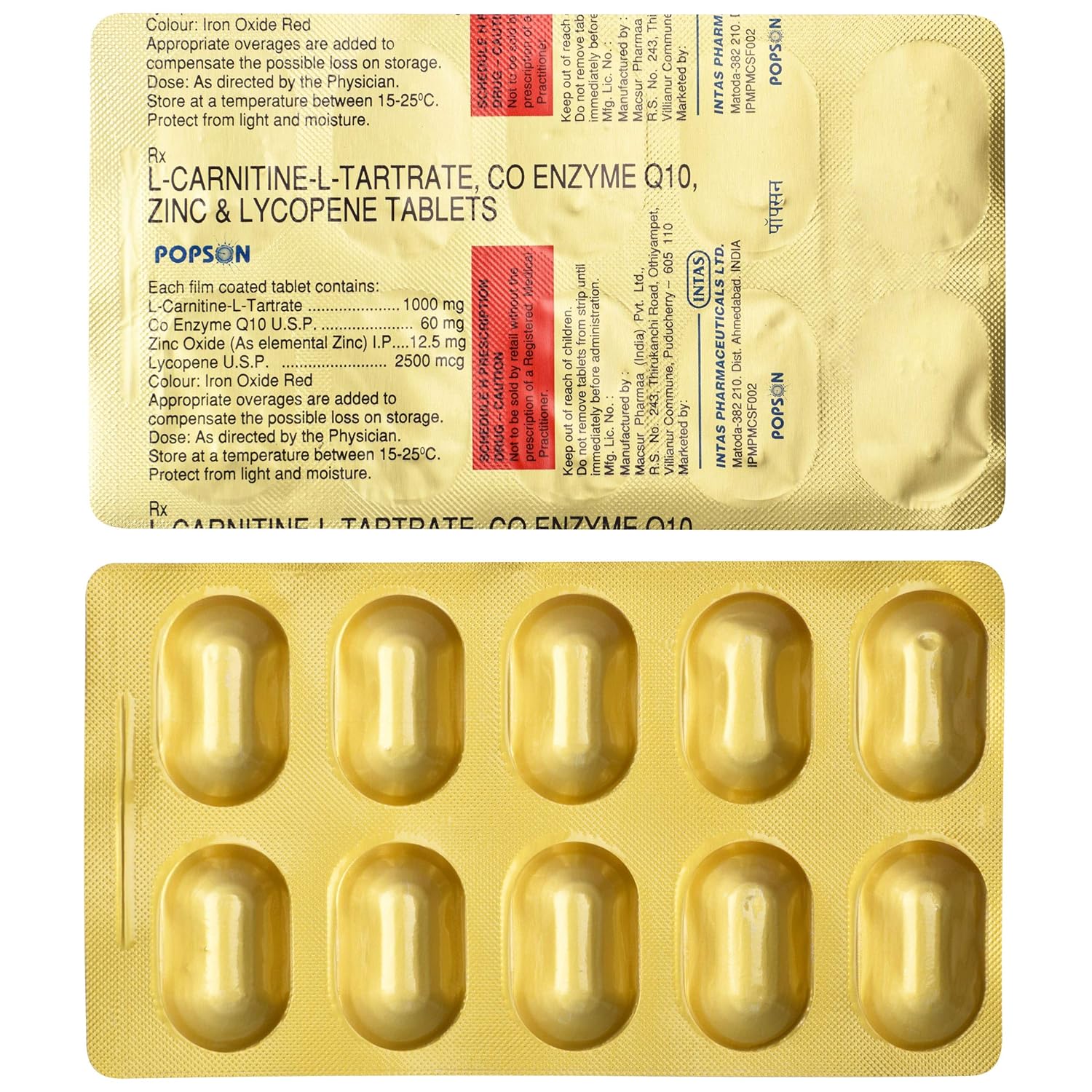 L-Carnitine-L-Tartrate 1000Mg, Co-Enzyme Q10 60Mg, Zinc Oxide (As Elemental Zinc) 12.5Mg, Lycopene 2500Mcg Tablets