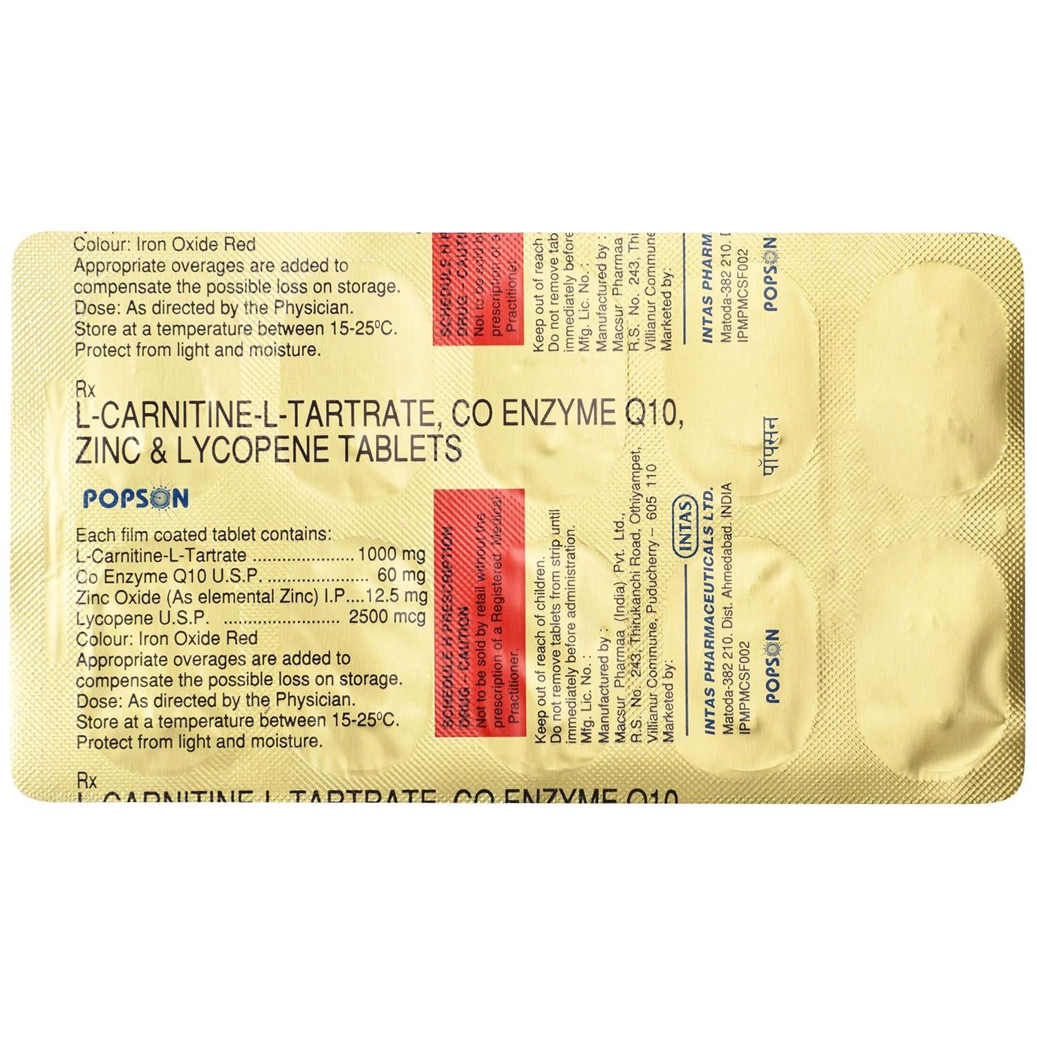 L-Carnitine-L-Tartrate 1000Mg, Co-Enzyme Q10 60Mg, Zinc Oxide (As Elemental Zinc) 12.5Mg, Lycopene 2500Mcg Tablets
