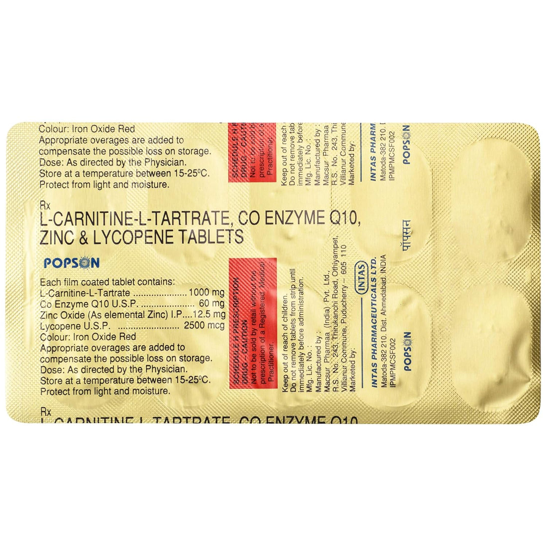 L-Carnitine-L-Tartrate 1000Mg, Co-Enzyme Q10 60Mg, Zinc Oxide (As Elemental Zinc) 12.5Mg, Lycopene 2500Mcg Tablets